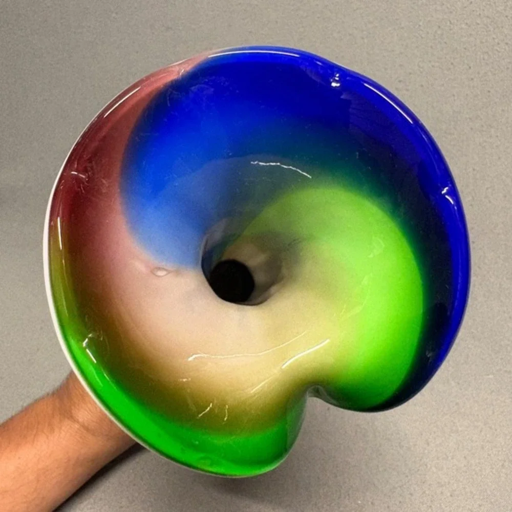 Art Glass Swirl Rim Vase 12in Multicolor Hand-Blown Style Home Decor‎
